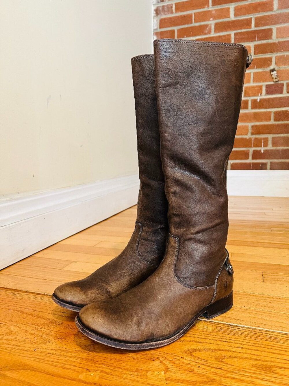 Vintage FRYE Melissa Button Tall Back Zip $450 Sz 9.5 Antique Bronze Leather